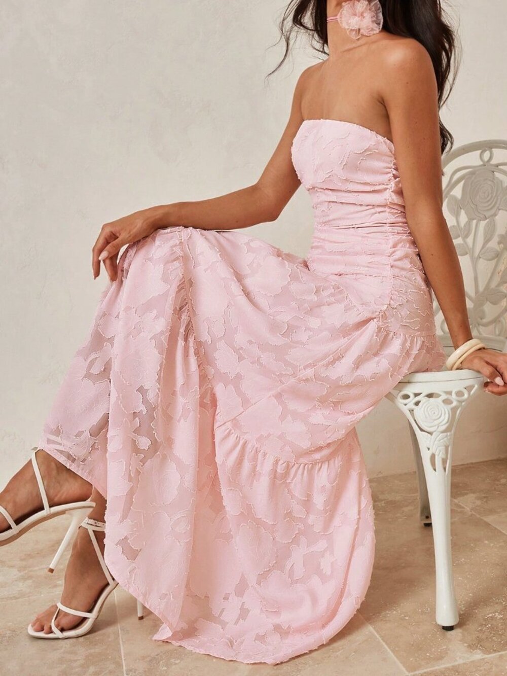 Pink Elegant Women's Romantic Jacquard Maxi Tube Dress - Picture 5 of 9